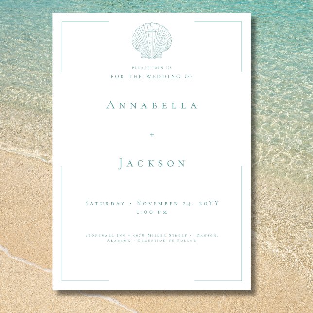 Invitation Typographie minimale Aqua & White Shell Mariage (Minimal Typography Aqua White Shell Wedding Invitation)