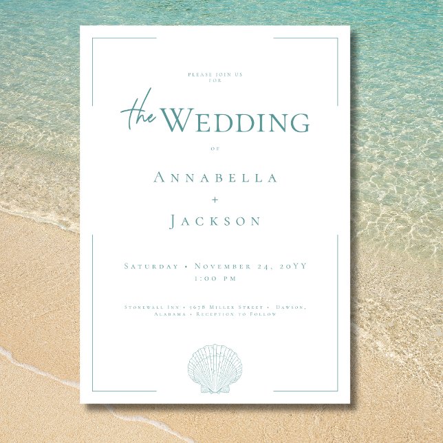 Invitation Typographie minimale Aqua & White Shell Mariage (Minimal Typography Aqua White Shell Wedding Invitation)