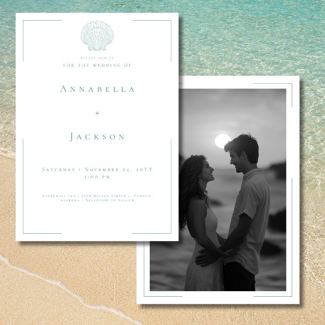 Invitation Typographie minimale Aqua White Shell Photo Mariag (Minimal Typography Aqua White Shell Photo Wedding Invitation)