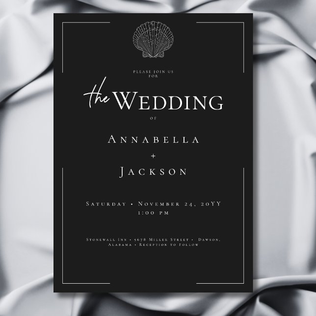 Invitation Typographie minimale Mariage coquillage noir et bl (Minimal Typography Black & White Shell Wedding Invitation)
