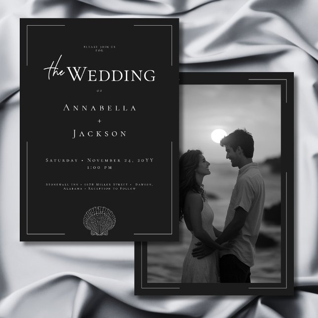 Invitation Typographie minimale Mariage photo Black White She (Minimal Typography Black White Shell Photo Wedding Invitation)