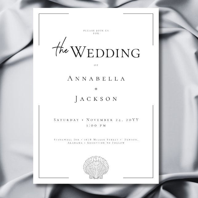Invitation Typographie minimale Mariage Shell noir et blanc (Minimal Typography Black & White Shell Wedding Invitation)