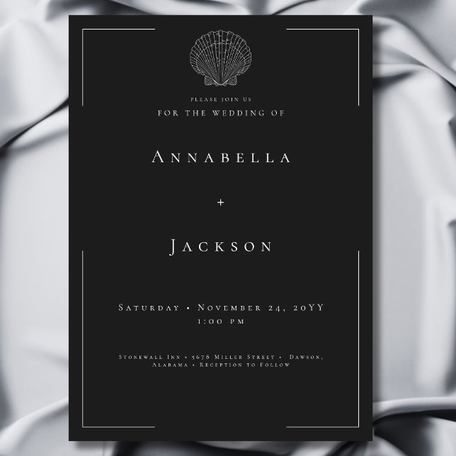 Invitation Typographie minimale Mariage Shell noir et blanc (Minimal Typography Black & White Shell Wedding Invitation)
