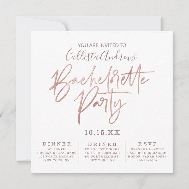 Invitation Typographie minimaliste d'or Rose blanche Bachelor (Devant)