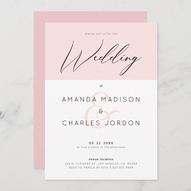 Invitation Typographie minimaliste rose et blanc et Mariage (Devant / Derrière)