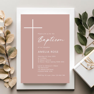 Invitation Typographie minimaliste traversant baptême rose ro