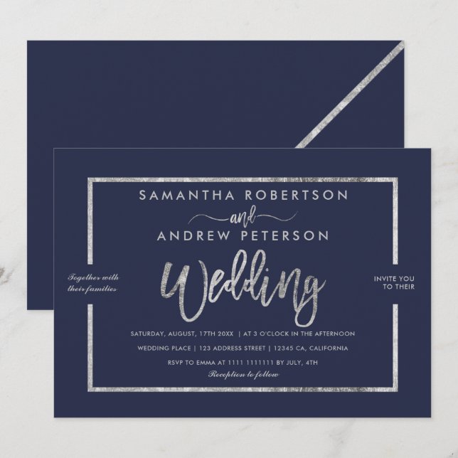 Invitation Typographie moderne argentée marine mariage chic b (Devant / Derrière)