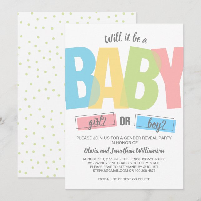 Invitation Typographie moderne Baby shower de révélation de g (Devant / Derrière)