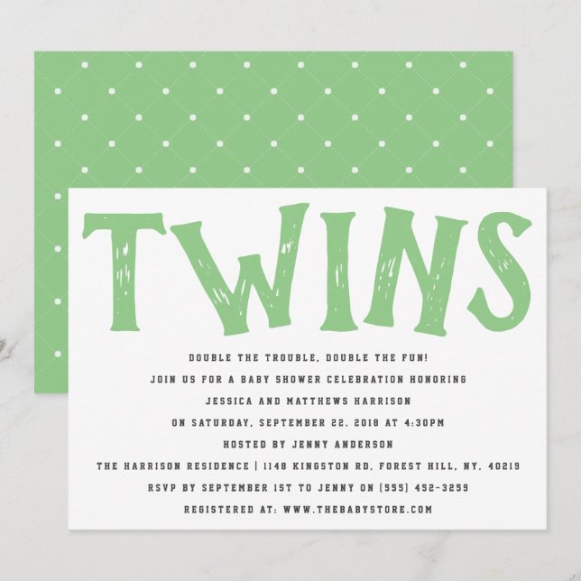 Invitation Typographie moderne Baby shower des jumeaux neutre (Devant / Derrière)