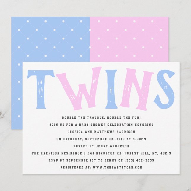 Invitation Typographie moderne Baby shower jumeaux garçon & f (Devant / Derrière)