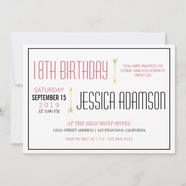 Invitation Typographie moderne de Magenta & Black| 18e annive (Devant)