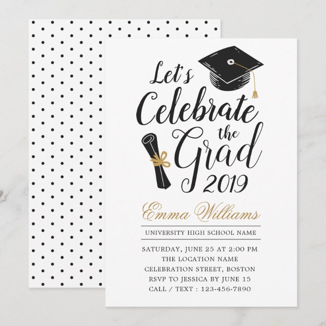 Invitation Typographie moderne élégante Noir Blanc Graduation (Devant / Derrière)