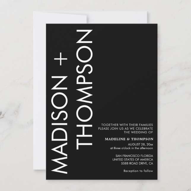 Invitation Typographie moderne Gras Mariage noir et blanc (Devant)