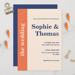 Invitation Typographie moderne Gras Orange Marine Mariage Ble