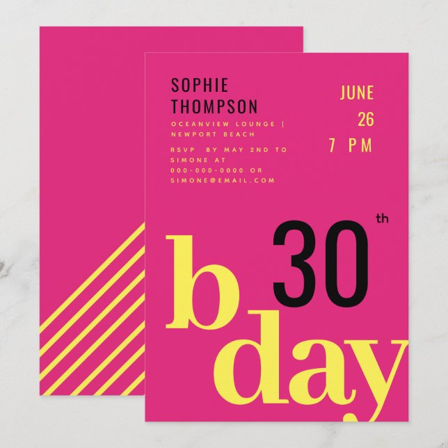 Invitation Typographie moderne Hot rose Jaune fête d'annivers (Devant / Derrière)