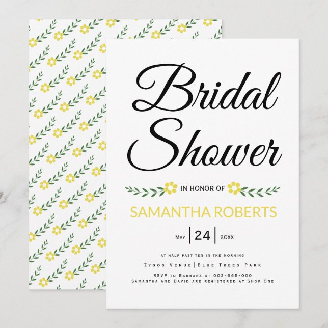 Invitation Typographie moderne jaune mariage de douche nuptia (Devant / Derrière)
