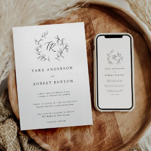 Invitation Typographie moderne Mariage botanique noir et blan