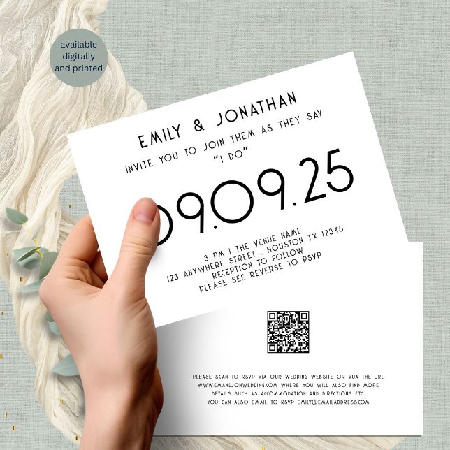 Invitation Typographie moderne Mariage noir blanc (Front and back view)