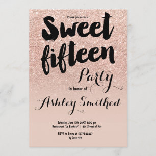 Invitation Typographie moderne pailletée or rose faux Sweet 1