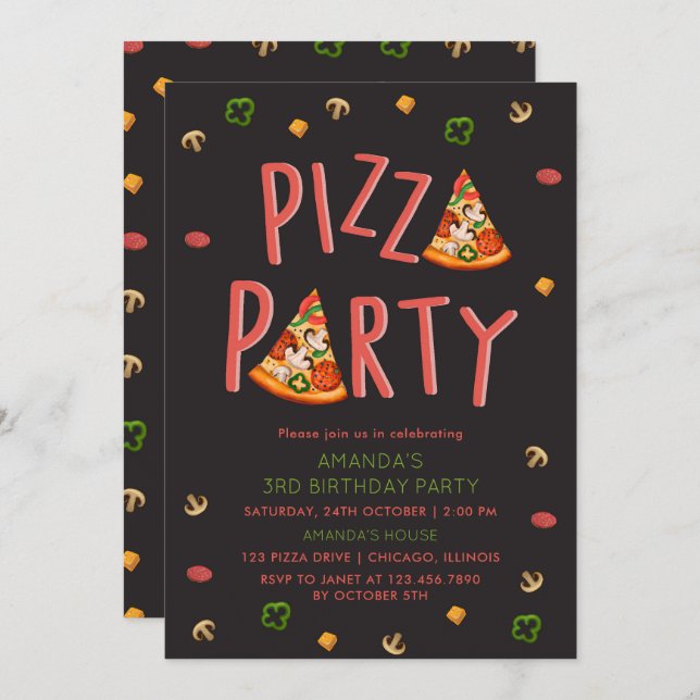 Invitation Typographie moderne Pizza Slices Anniversaire de e (Devant / Derrière)