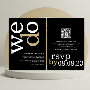 Invitation Typographie moderne QR Code Blanc Or noir Mariage