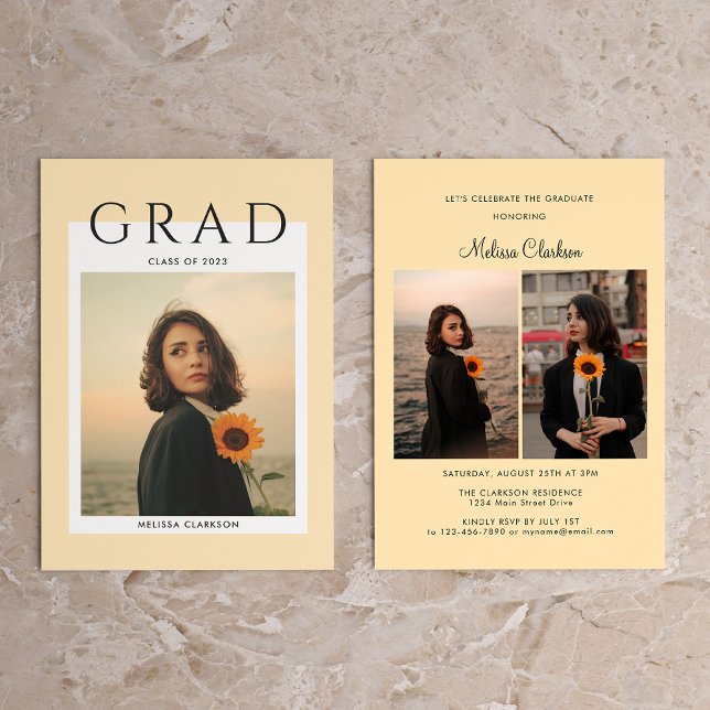 Invitation Typographie moderne Script Cream Photo Graduation (Créateur téléchargé)