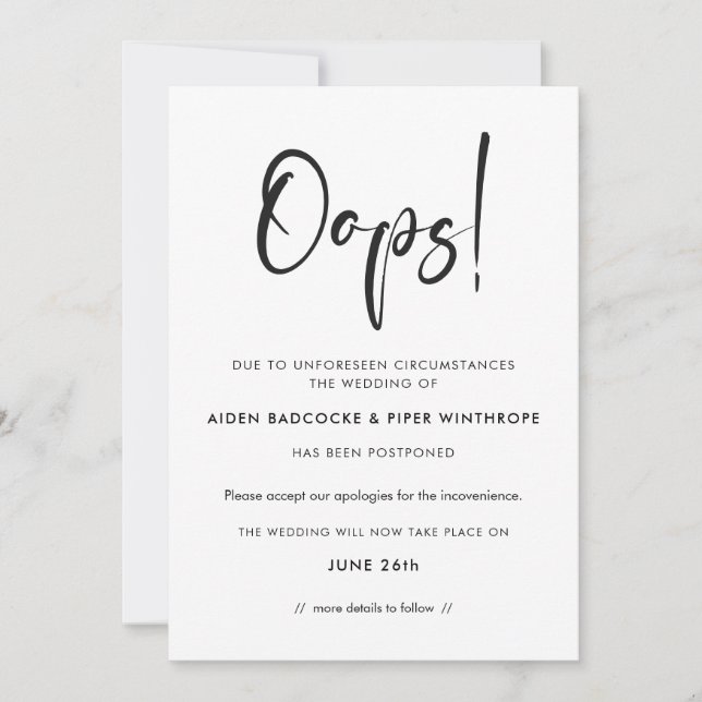 Invitation Typographie moderne tendance Oops mariage mise à j (Devant)