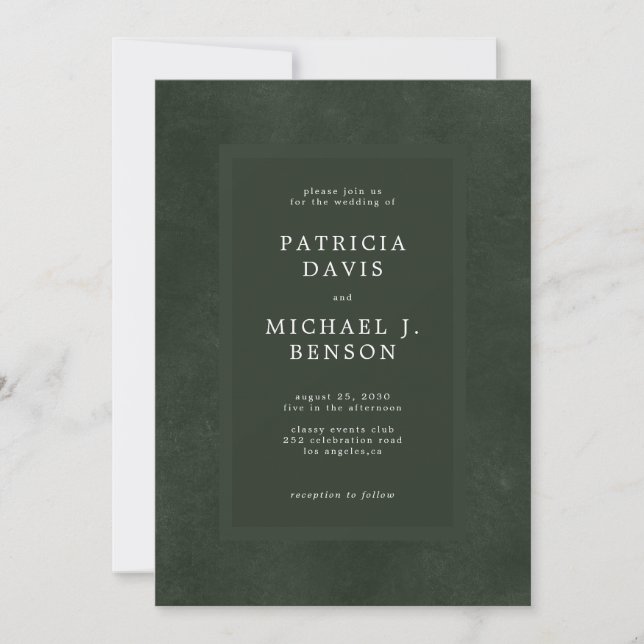 Invitation Typographie moderne vert foncé mariage élégant (Devant)