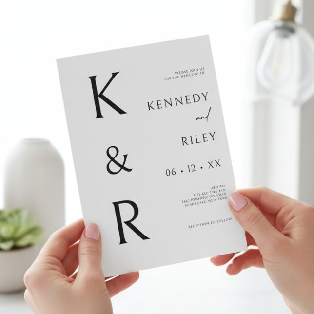 Invitation Typographie Monogramme moderne Noir Blanc QR Maria (Modern Monogram Typography Black White QR Wedding Invitation)