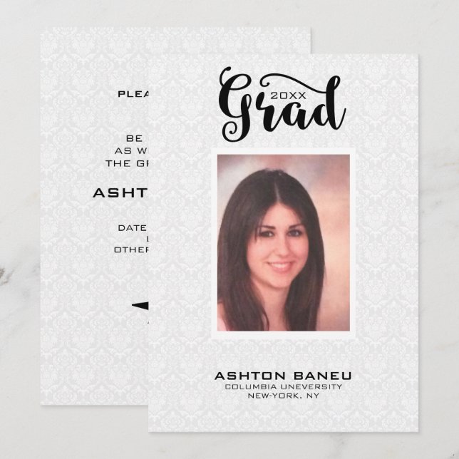 Invitation Typographie noir Damas blanc - Graduation (Devant / Derrière)