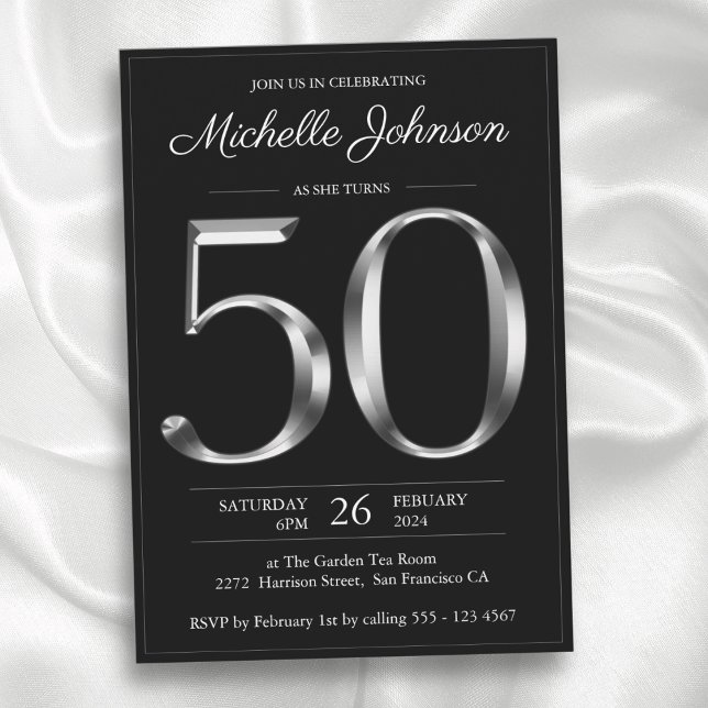 Invitation Typographie noir et argent 50e anniversaire (Black and Silver Typography 50th Birthday Invitation)