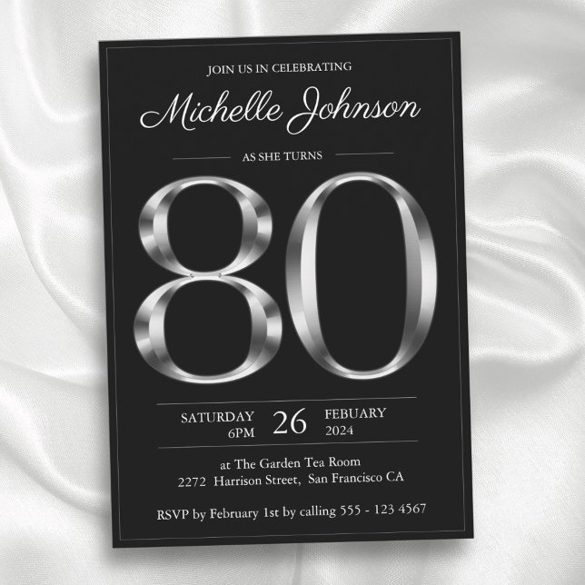 Invitation Typographie Noir et Argent 80e anniversaire (Typography Black and Silver 80th Birthday Invitation)