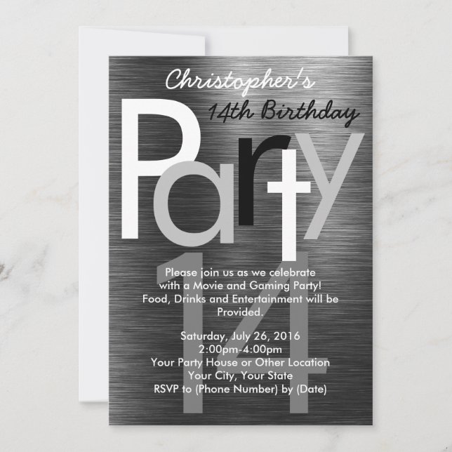 Invitation Typographie noir et blanc Ado Boy Birthday Party (Devant)