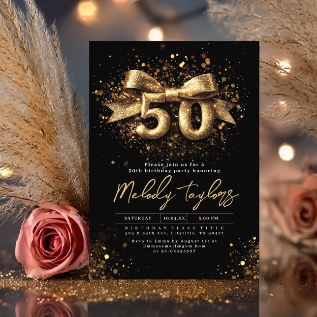 Invitation Typographie noir et or Cinquante-cinquantième anni (Gold Glitter Glam Black 50th Birthday Invitation)