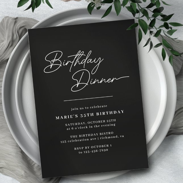 Invitation Typographie noire élégante | Élégant dîner d'anniv (Créateur téléchargé)