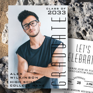 Invitation Typographie Noire moderne Chic Guy Photo Graduatio