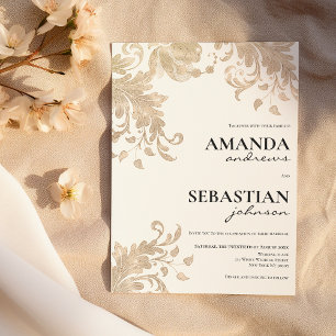 Invitation Typographie noire moderne mariage floral or blanc