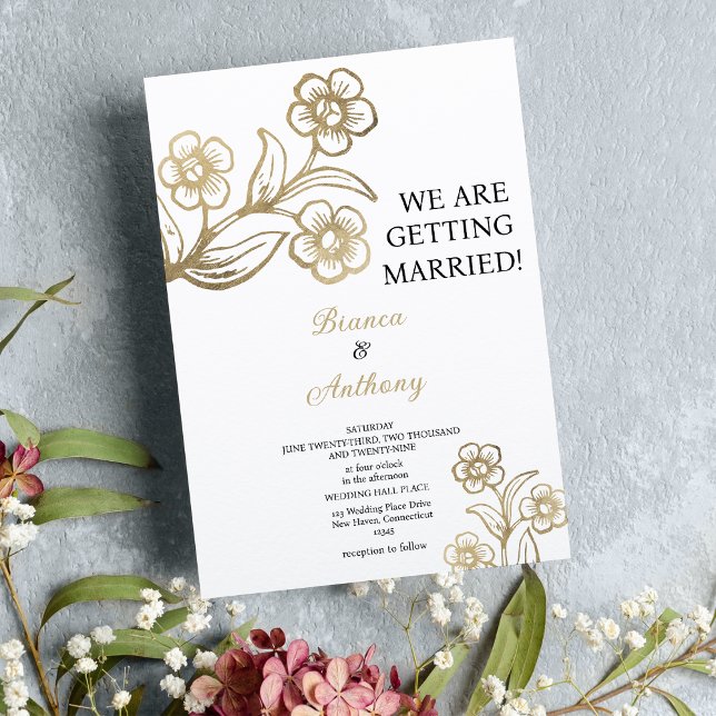Invitation Typographie or blanc de luxe mariage floral (Luxury white gold typography floral wedding)