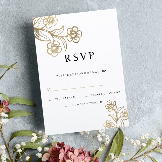 Invitation Typographie or blanc luxe mariage floral RSVP (Luxury white gold typography floral wedding RSVP)