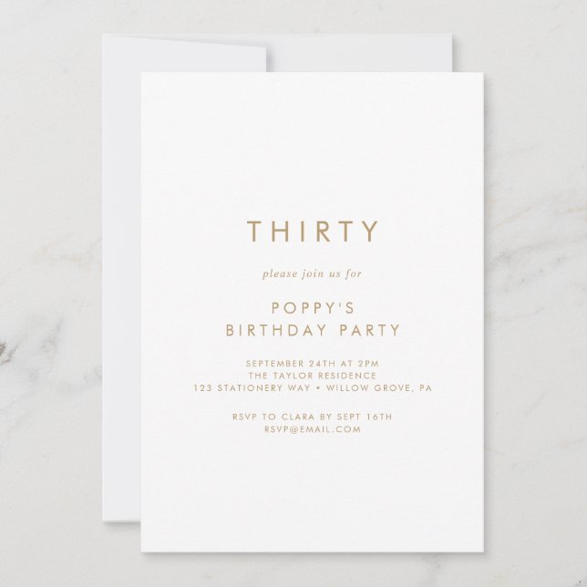 Invitation Typographie or chic 30e fête d'anniversaire (Devant)