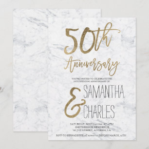 Invitation Typographie or chic 50e anniversaire sur marbre bl
