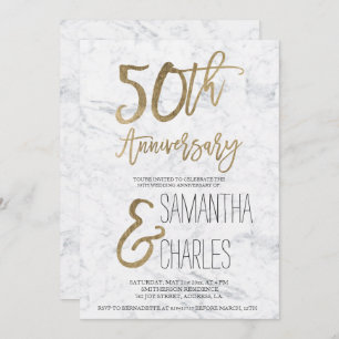 Invitation Typographie or chic marbre blanc 50e anniversaire