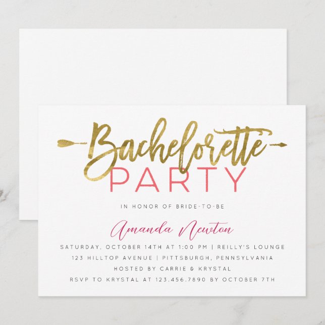 Invitation Typographie or et rose moderne Bachelorette (Devant / Derrière)
