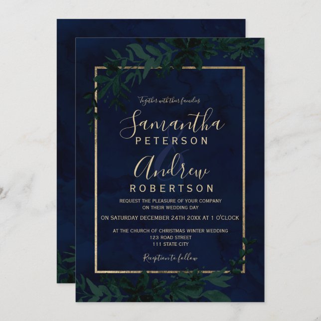 Invitation Typographie or Floral marine bleu feuille mariage (Devant / Derrière)