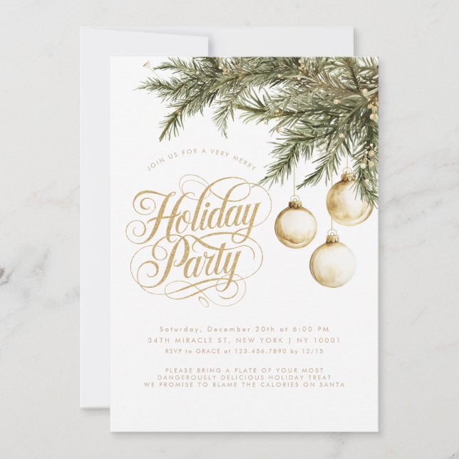 Invitation Typographie Or Ornements Baubles Fête de Vacances (Devant)