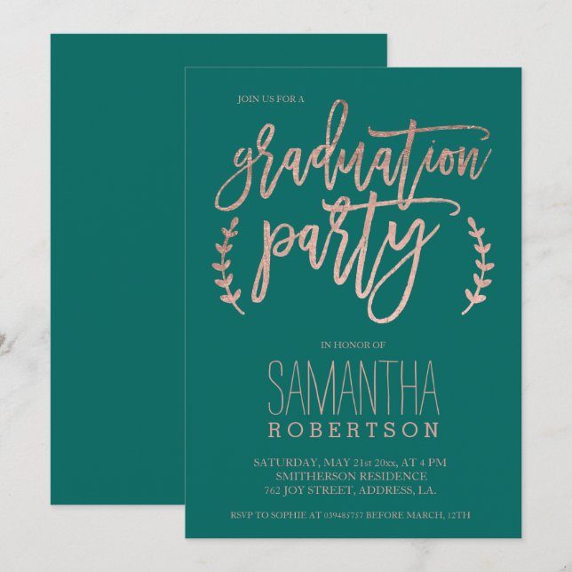 Invitation typographie or rose fête de graduation émeraude (Devant / Derrière)