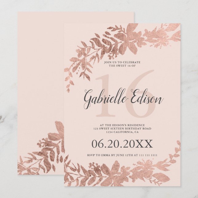 Invitation Typographie or rose Floral blush rose Sweet 16 (Devant / Derrière)