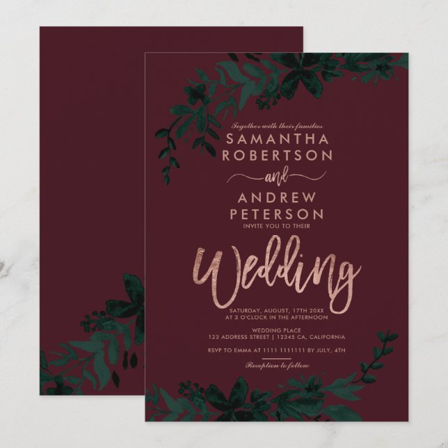 Invitation Typographie or rose Floral burgundy mariage (Devant / Derrière)