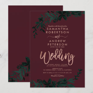 Invitation Typographie or rose Floral burgundy mariage