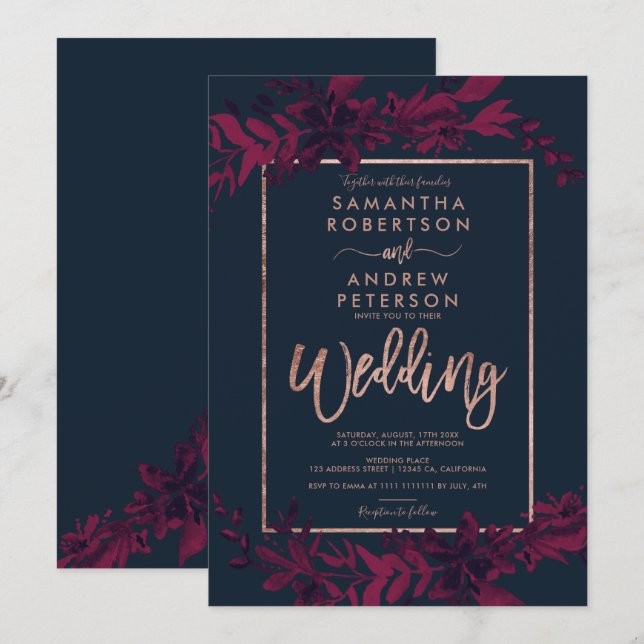 Invitation Typographie or rose Marine florale rouge mariage (Devant / Derrière)